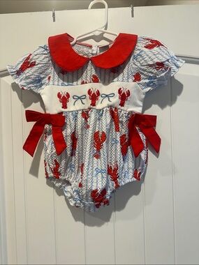NWOT Red Lobster Smocked Baby One-Piece with Red Collar